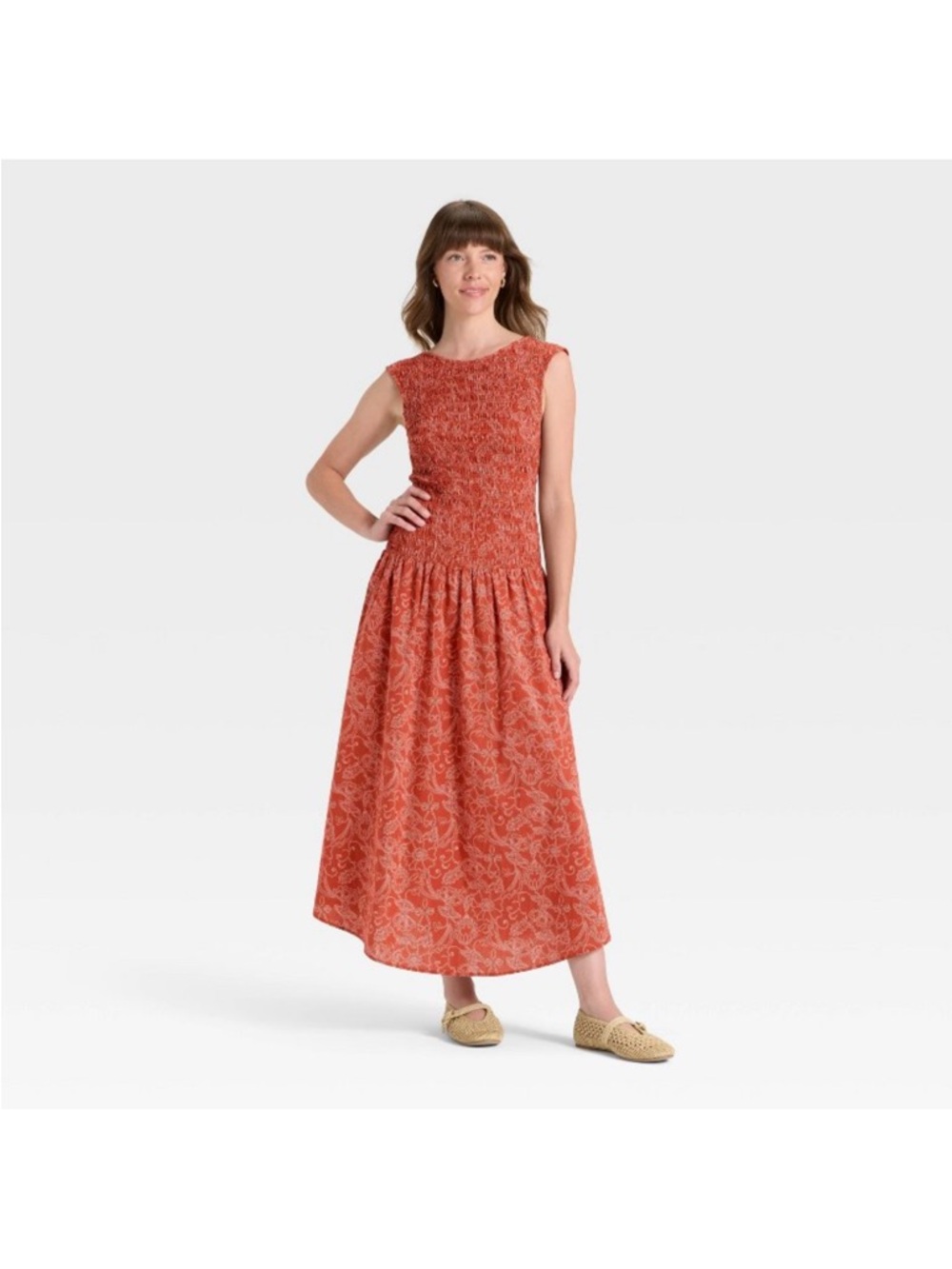 NEW XS Universal Thread Rust Floral Smocked Maxi Dress
